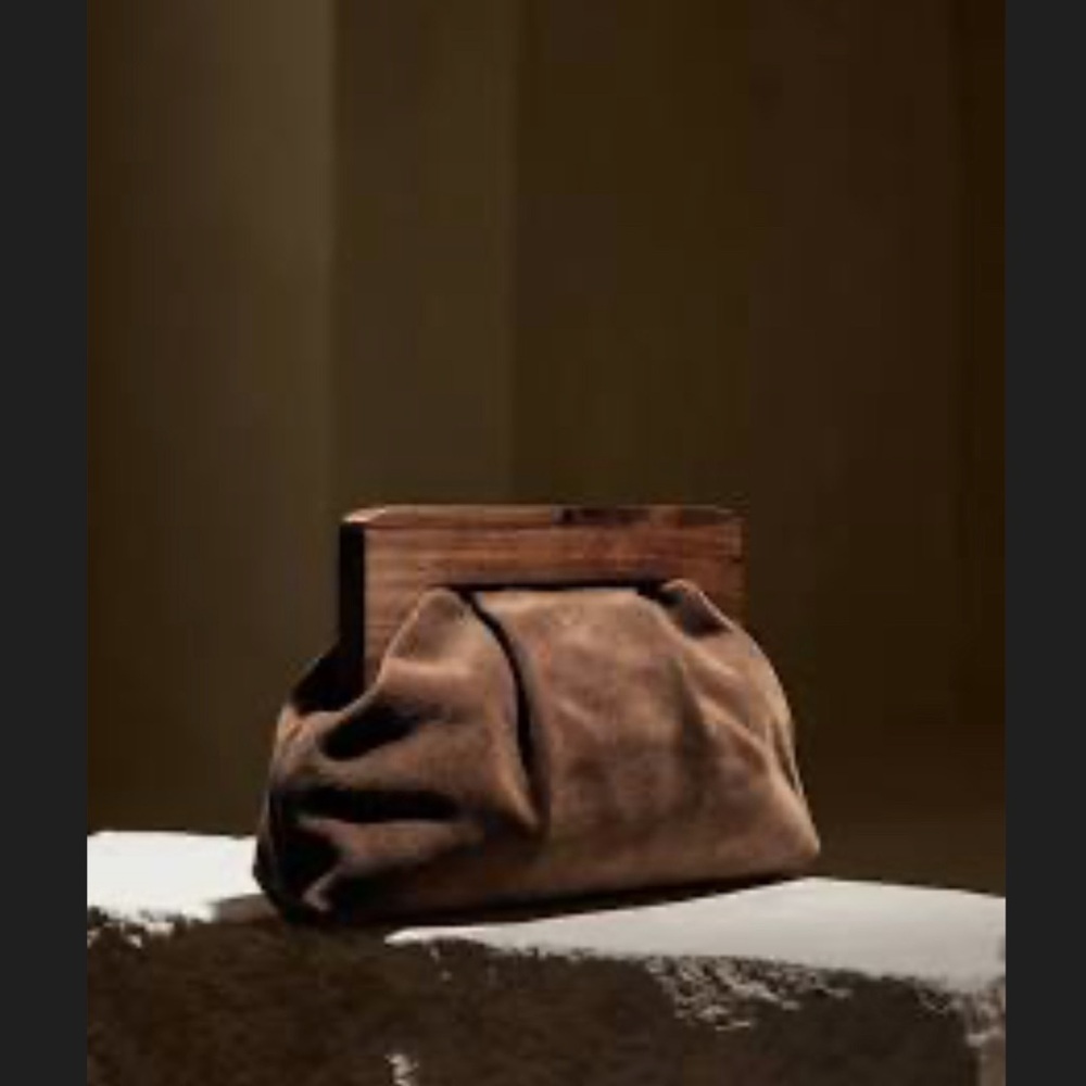 Banana Republic Brown Suede Clutch Wooden Frame Hinged